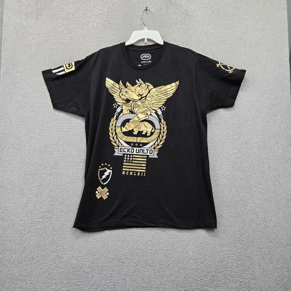 Ecko Unltd. Men Shirt L Black Gold Metallic Winged Rhino Logo Graphic Print